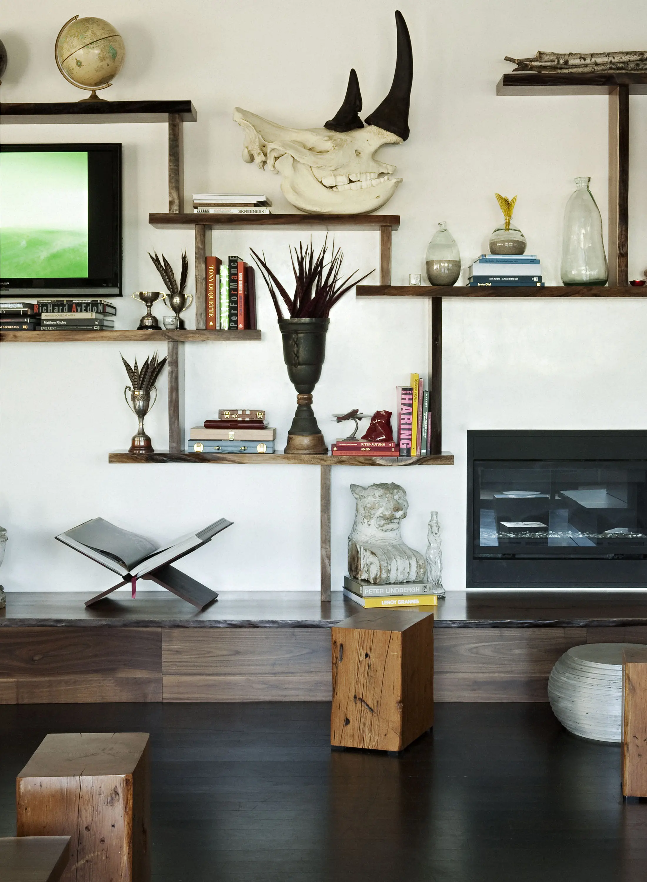 A modern living space featuring a staggered wooden shelf with books, a TV, a globe, and various decorative items, including a large animal skull and vases. Below are a wooden bench, cube seats, an open book on a stand, and a glimpse of a fireplace on the right.